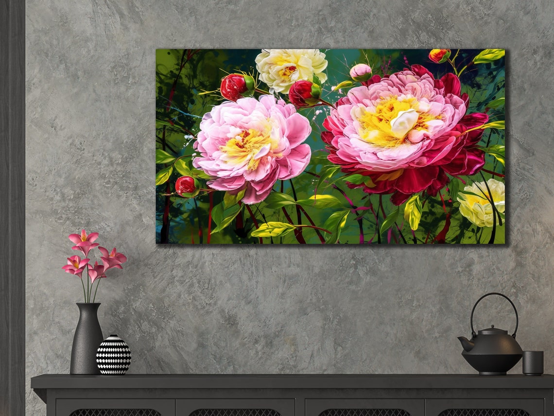 Pink Peonies Roses Floral Oil Painting Bright Flower Wall Art Poster - Image 3