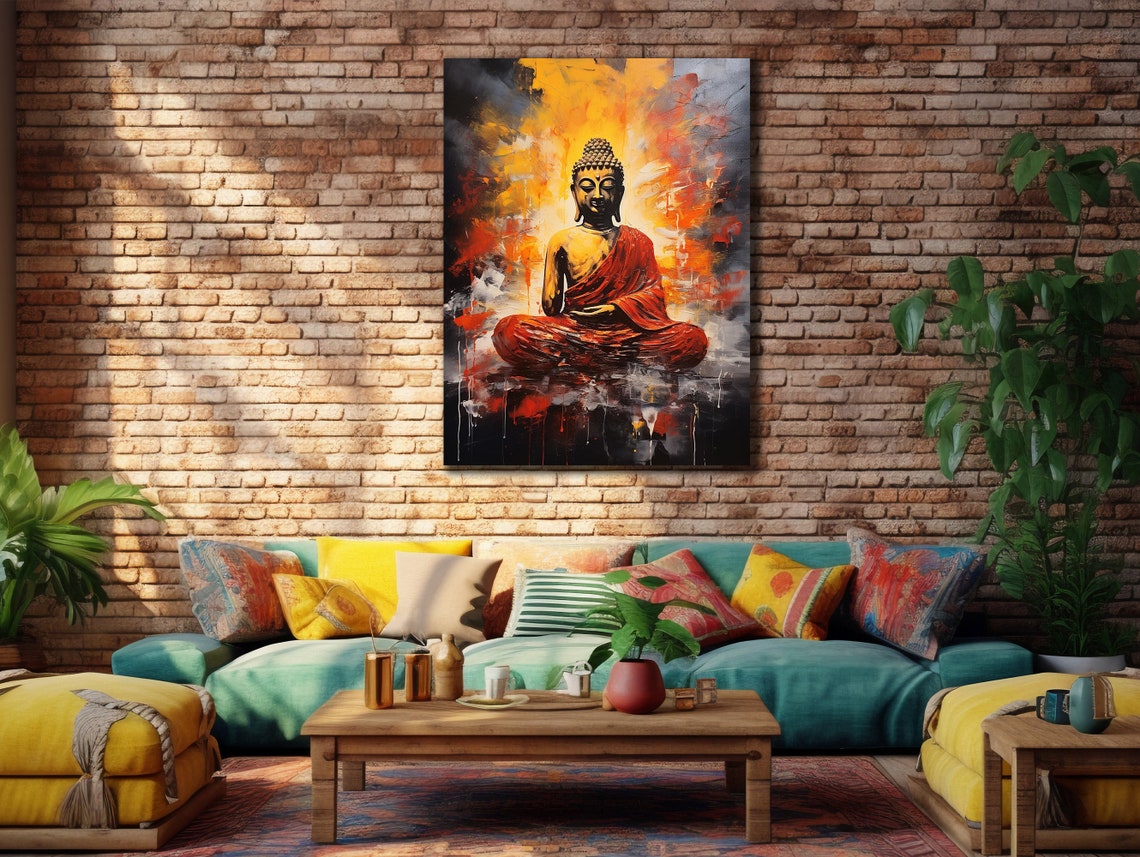 Meditating Buddha Red Robe Fiery Abstract Zen Spiritual Wall Poster
