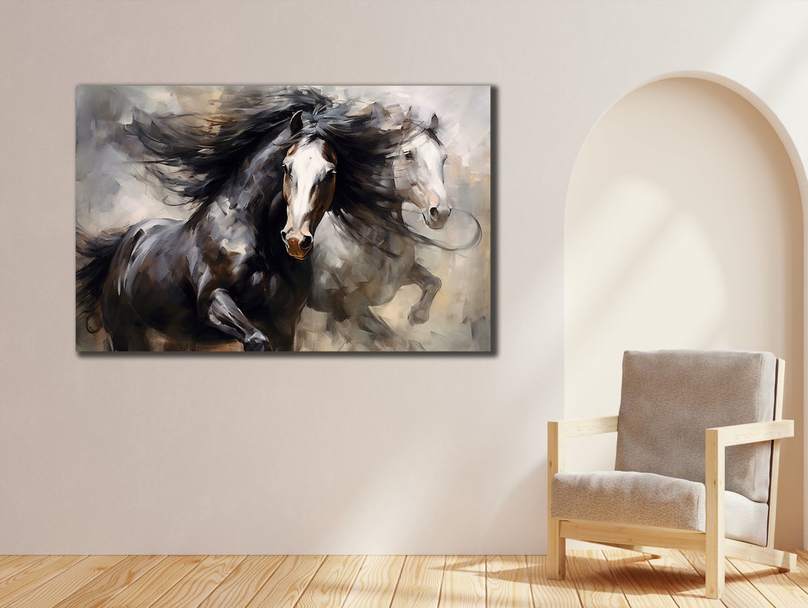 Black White Horses Running Misty Impressionist Equestrian Art Poster