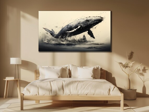 Whale Painting On Blue Whale Wall Art Underwater Sea Life Wall Decor Animals Poster Ready To Hang Decoration Ocean Printing Art