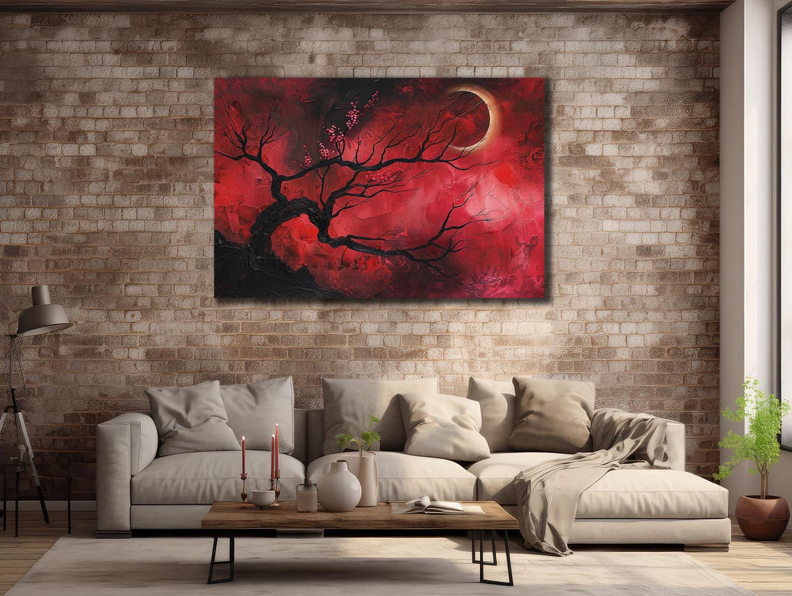 Red Tree Under Crimson Moon Black Blossoming Branches Night Art Poster - Image 2