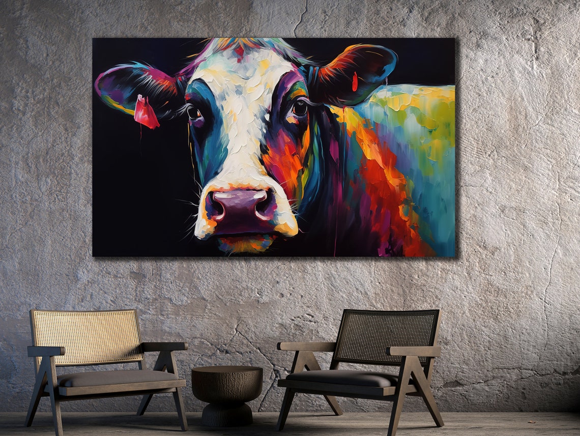Colorful Cow Printing Cow Wall Decor Abstract Animal Wall Art Painting On Colorful Animal Art Farmhouse For Gifts - Image 3