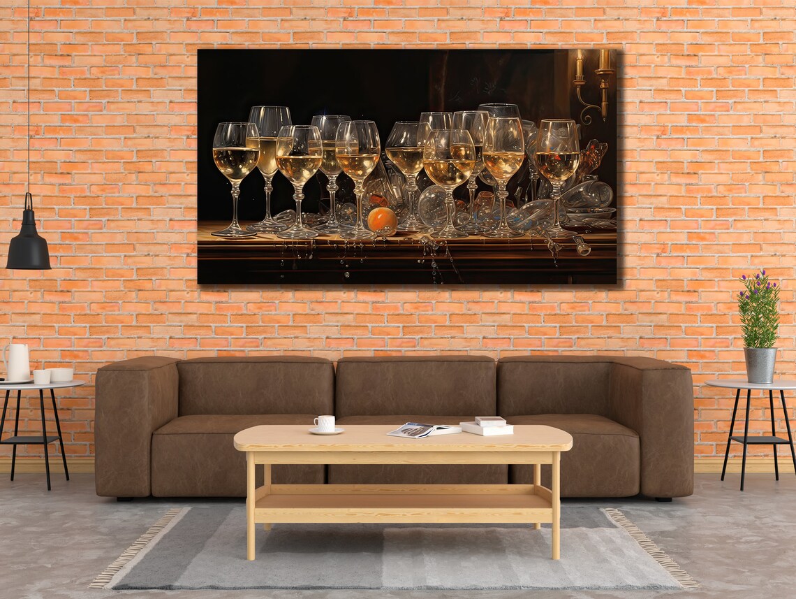 White Wine Glasses On Dark Bar Photorealistic Still Life Painting Poster