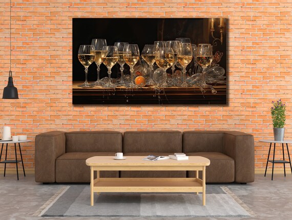 White Wine Glasses On Dark Bar Photorealistic Still Life Painting Poster
