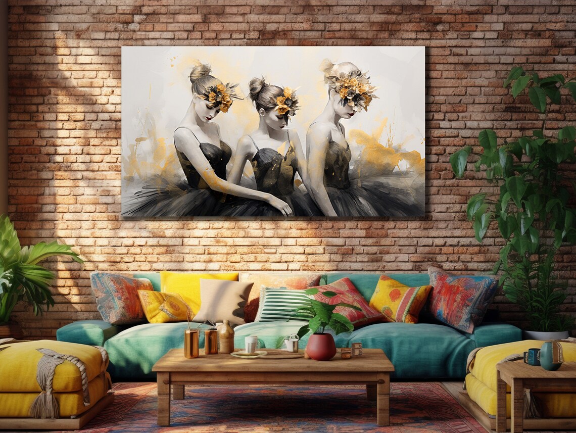 Three Ballerinas Gold Floral Painting Dreamy Ballet Dancers Elegant Wall Poster - Image 3
