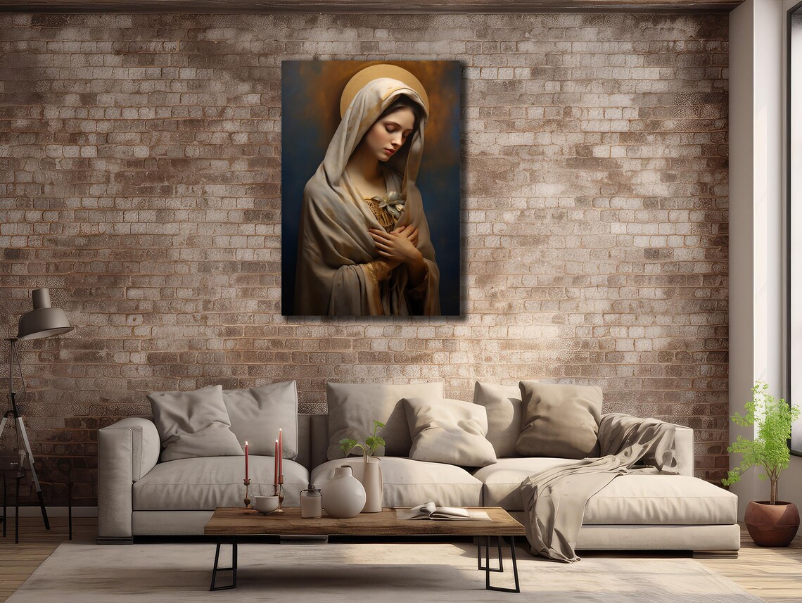 Virgin Mary White Veil Halo Hands Folded Religious Art Poster - Image 2