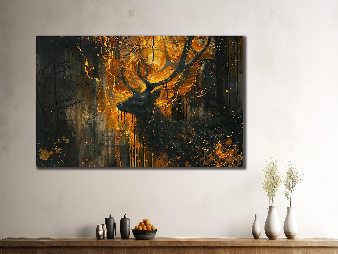 Dark Forest Deer Stag Golden Antlers Moody Black Gold Wildlife Poster - Image 3