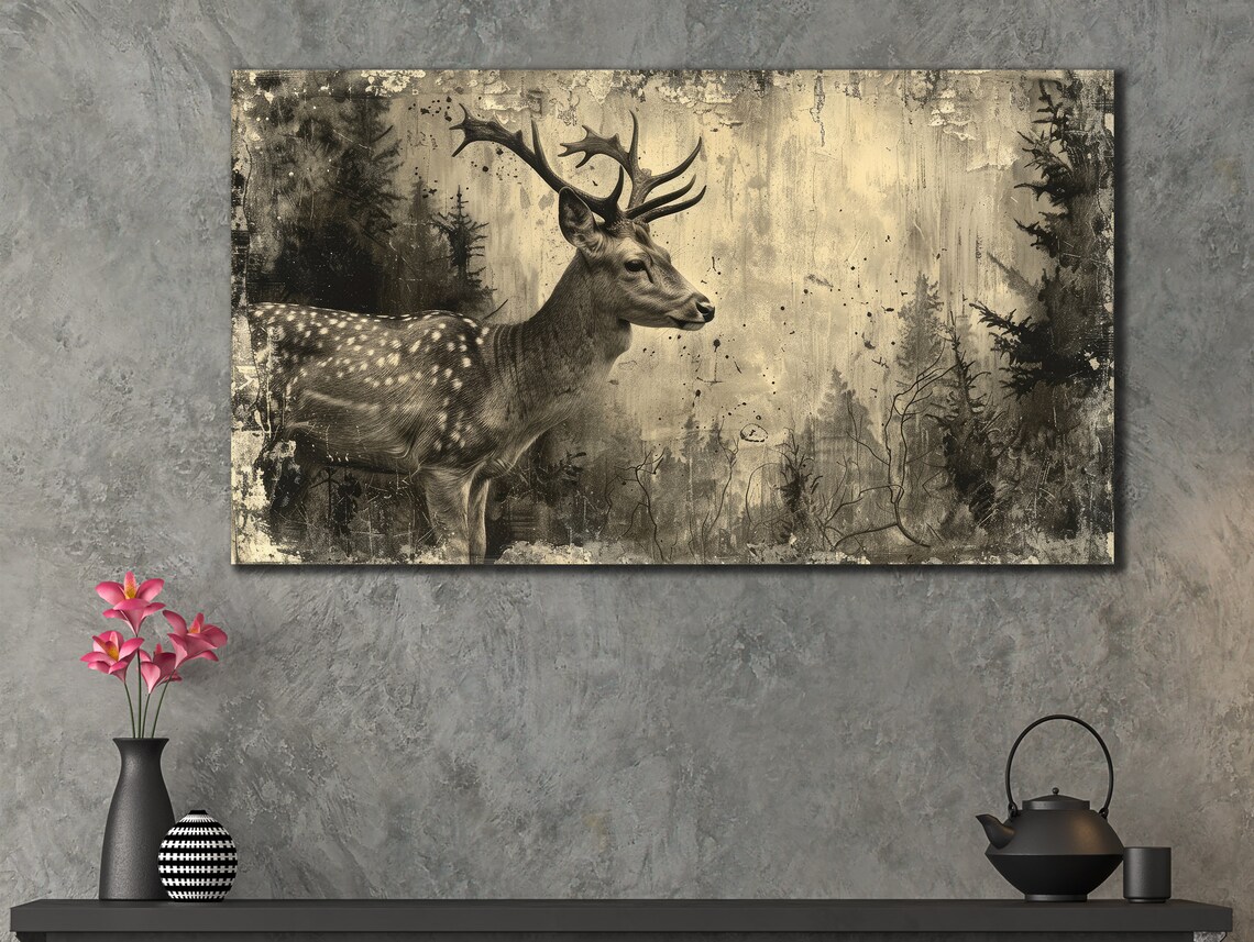 Spotted Deer With Antlers In Vintage Forest Sepia Wildlife Painting Poster - Image 2
