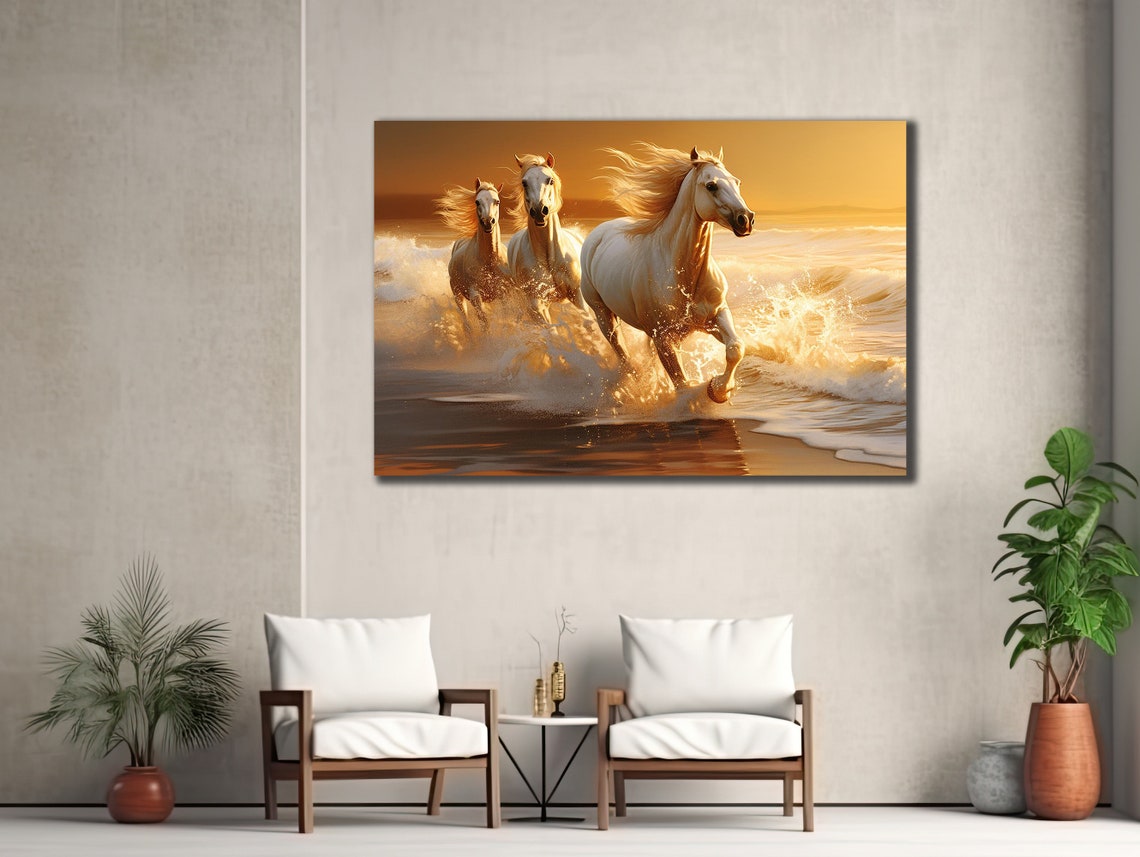 White Horses Running Ocean Waves Golden Sunset Beach Art Poster - Image 3