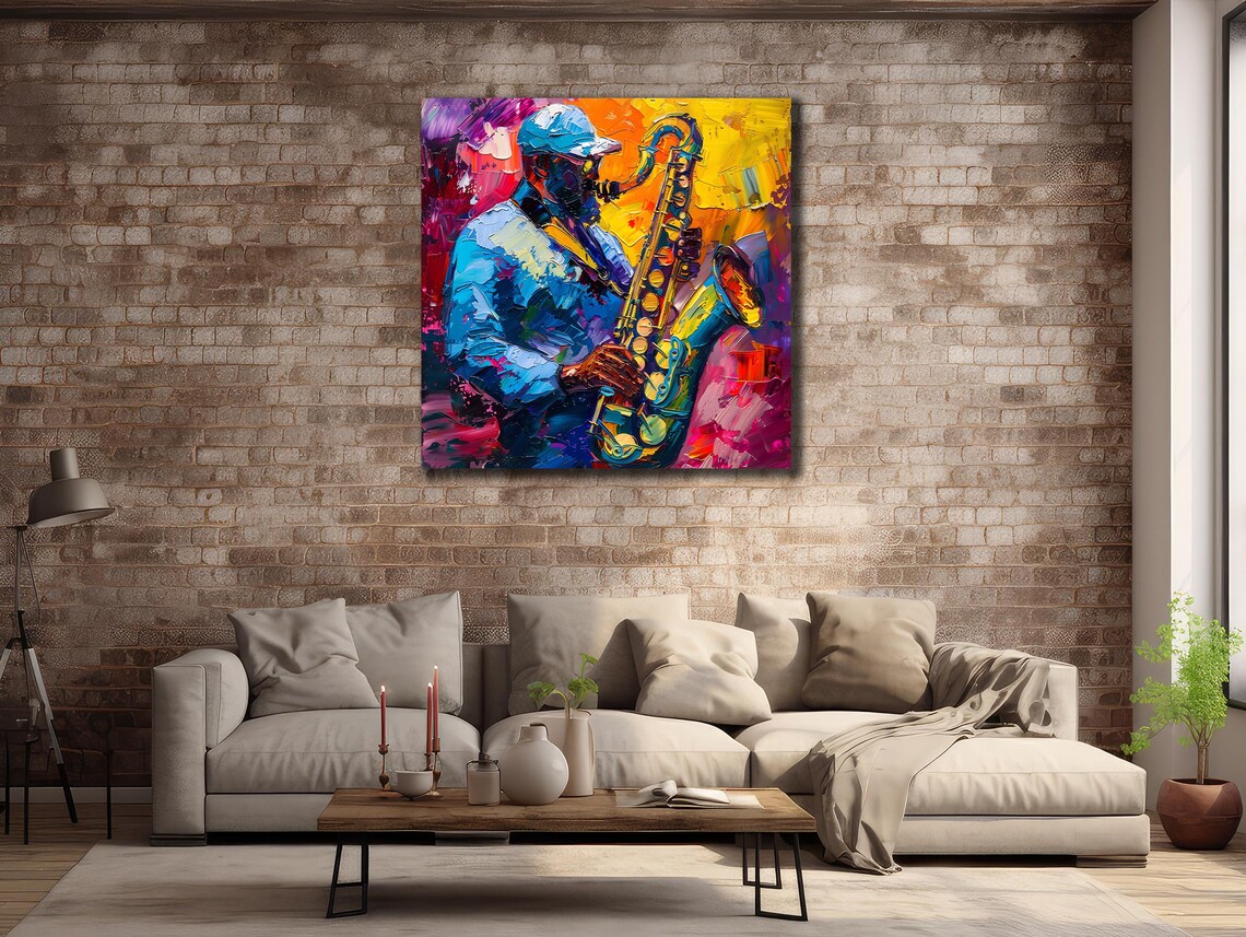 Jazz Saxophone Player Colorful Impasto Oil Musician Blues Wall Art Print Poster - Image 2