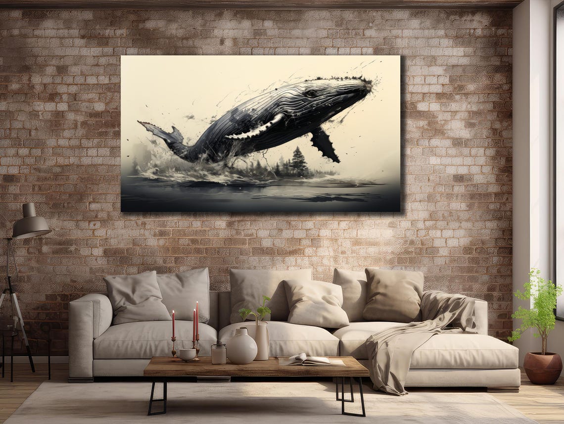 Monochrome Breaching Humpback Whale Ink Splash Dramatic Ocean Poster - Image 2