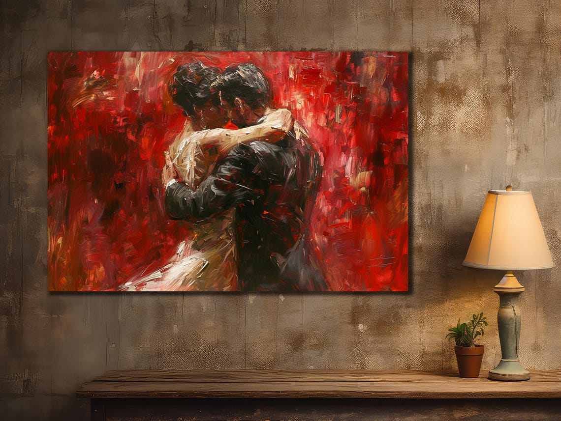 Passionate Tango Dancing Couple Embracing Red Abstract Love Art Poster - Image 2