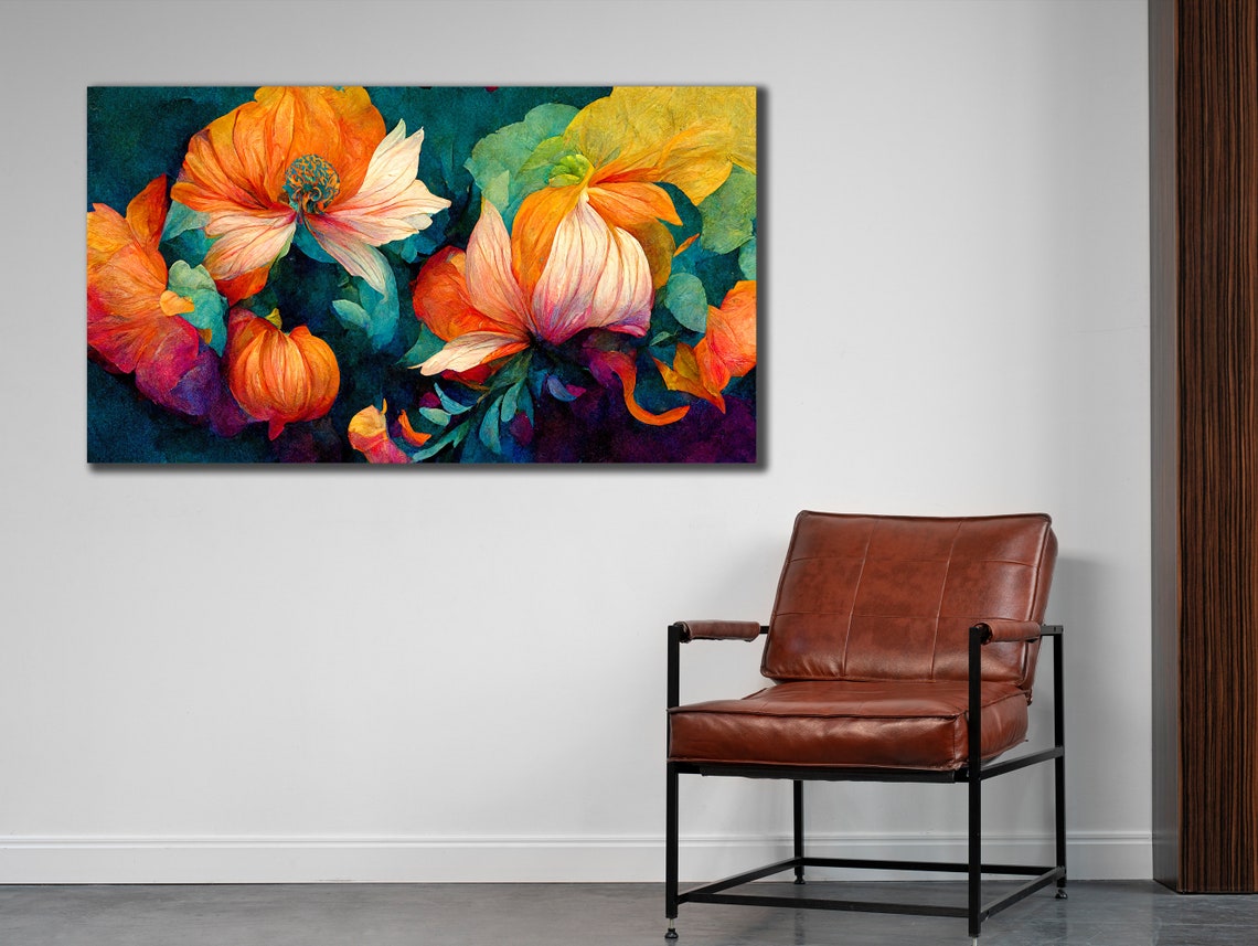 Orange Poppy Flowers Teal Background Floral Oil Painting Wall Art