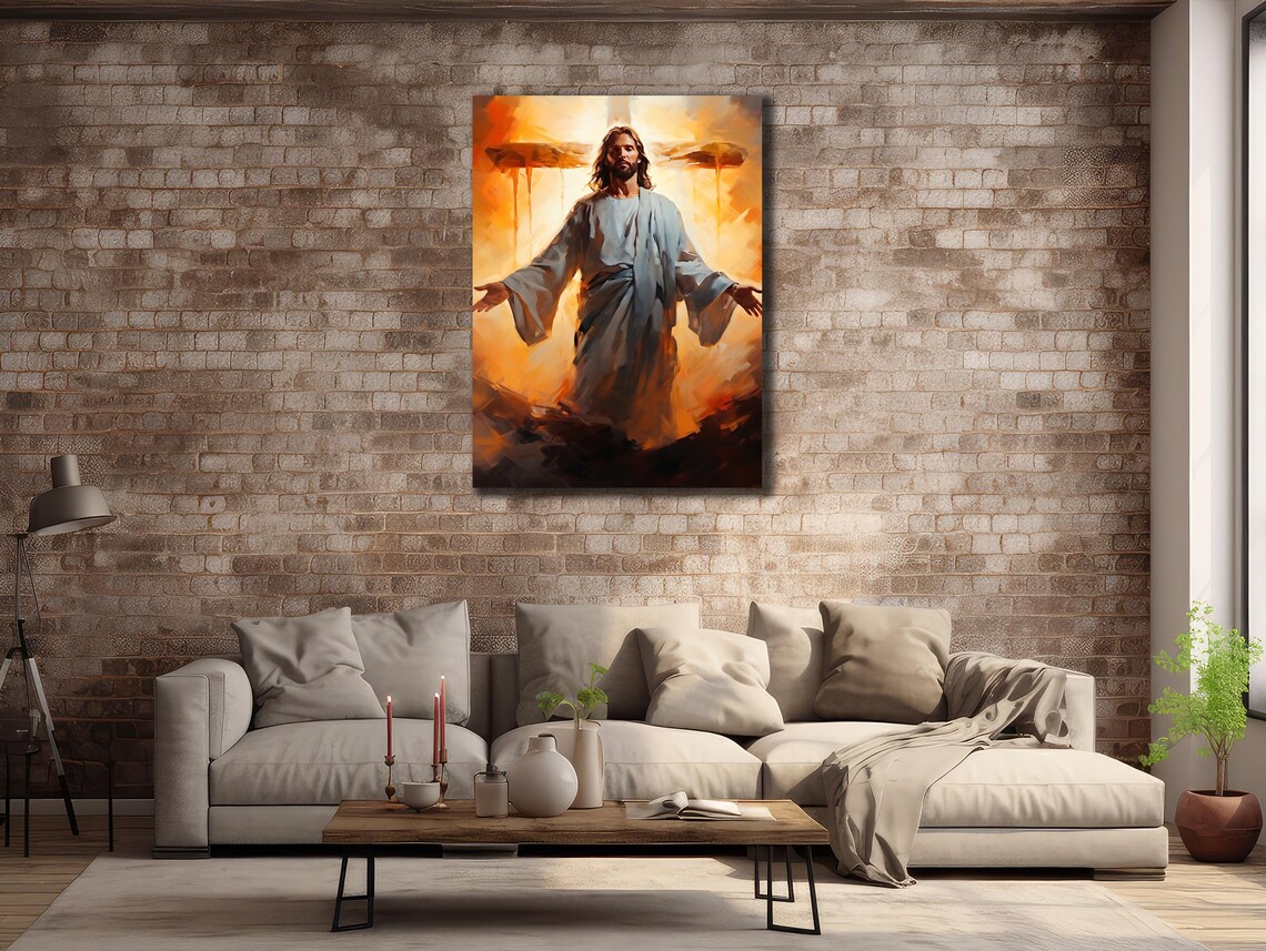 Jesus Christ Open Arms Fiery Sunset Glow Christian Religious Wall Art Poster - Image 3