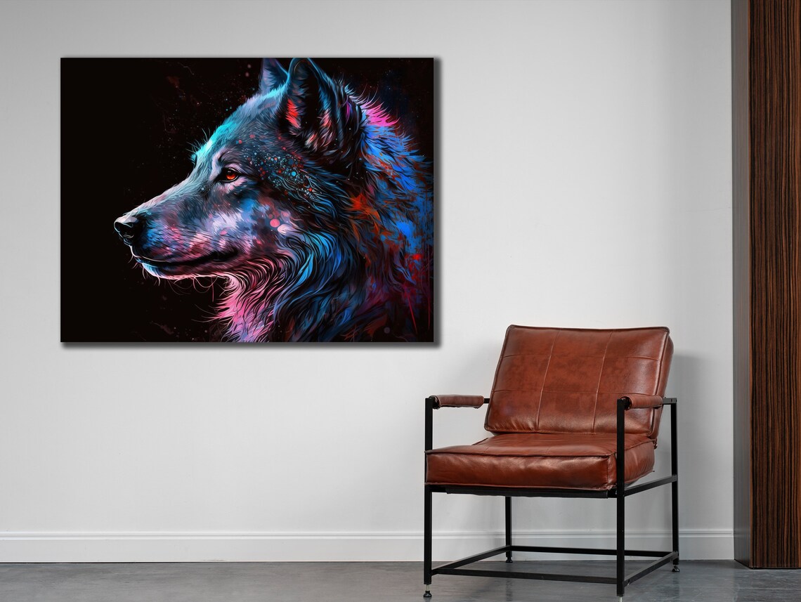 Colorful Wolf Head Neon Blue Pink Black Background Animal Art Poster - Image 2