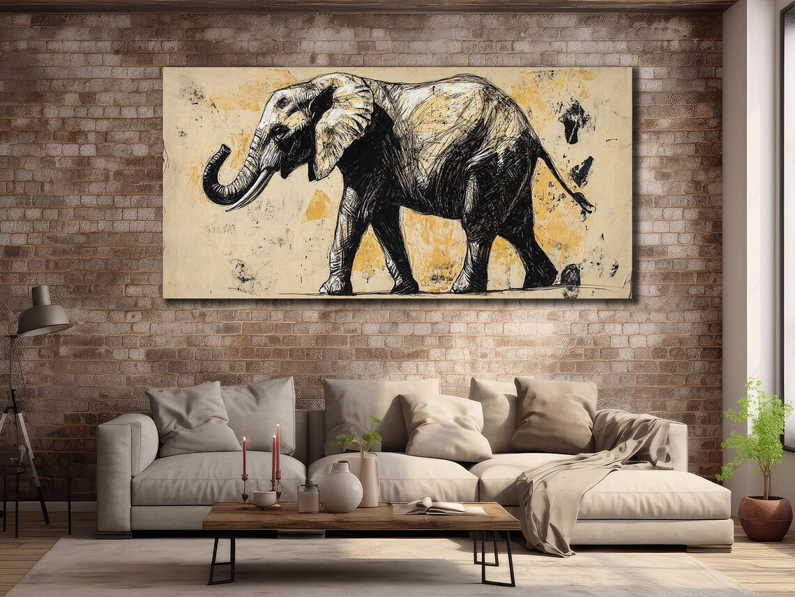 African Elephant Sketch Ink Drawing Gold Splatter Safari Animal Wall Art Poster