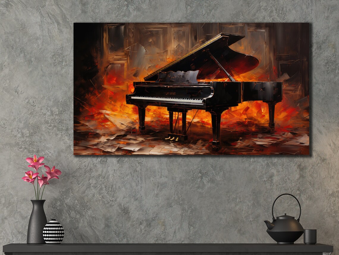 Grand Piano Fiery Red Stage Dramatic Oil Painting Musician Wall Print - Image 3