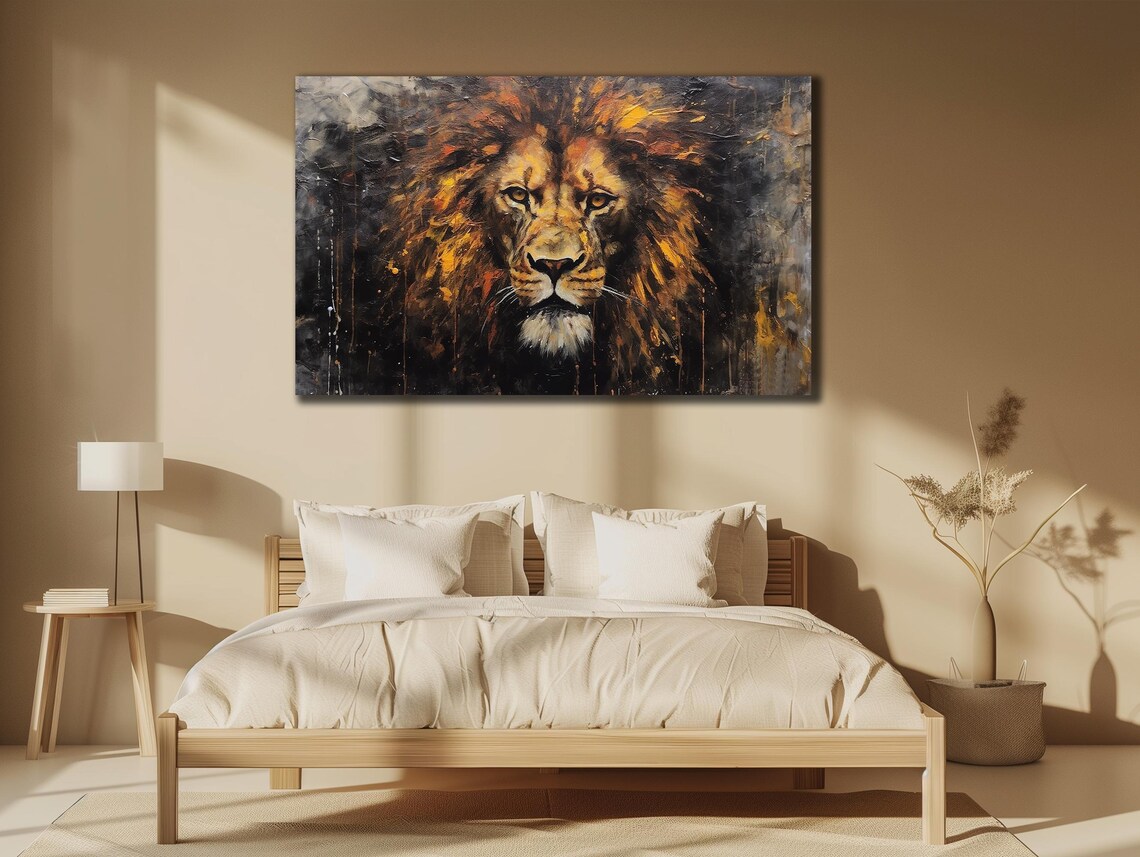 King Lion Portrait Golden Mane Dark Smoky Oil Painting Art Poster