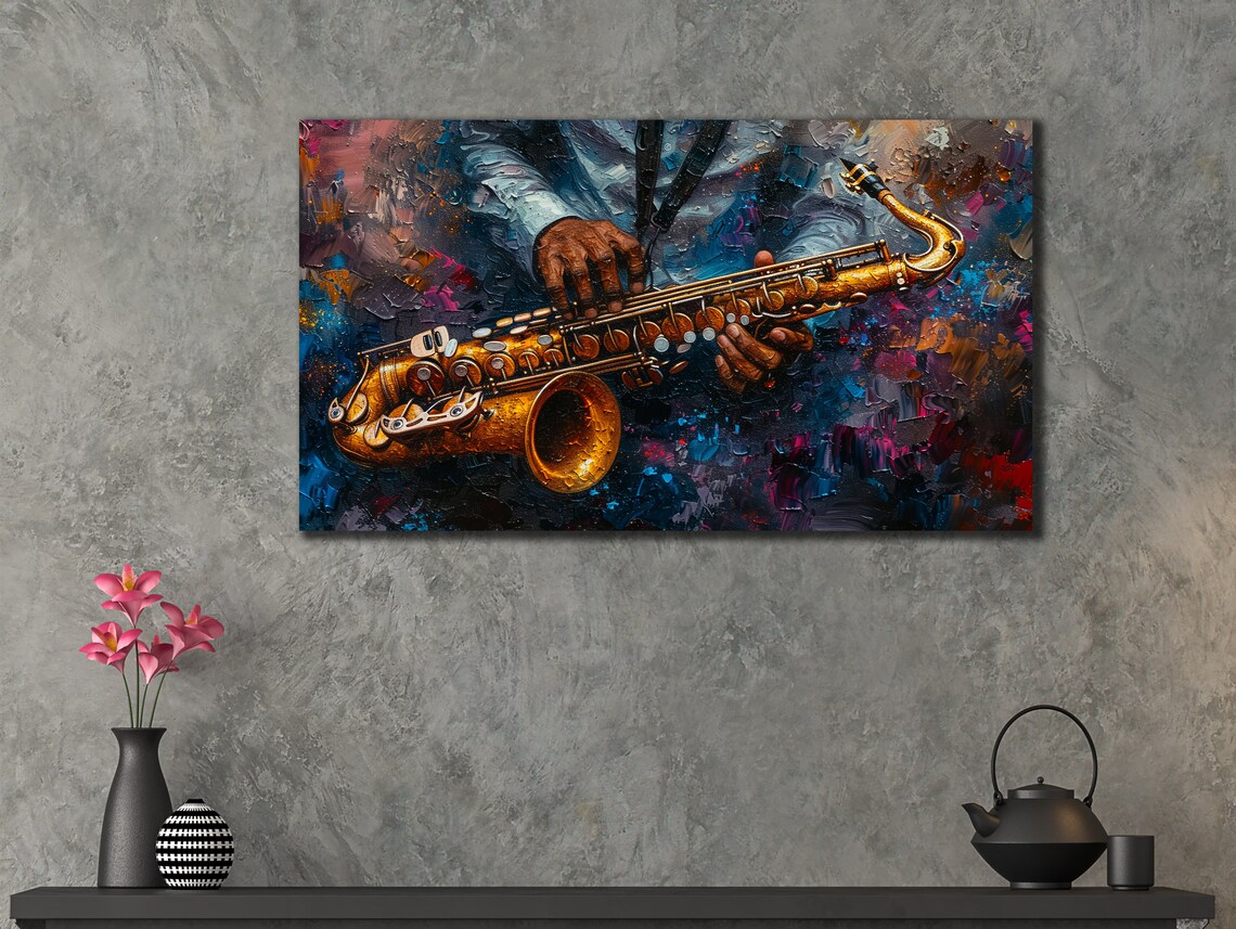 Saxophone Jazz Musician Hands Colorful Abstract Oil Painting Art Poster - Image 3