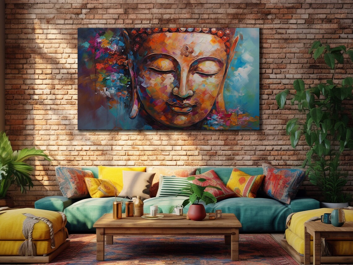 Buddha Face Colorful Abstract Oil Painting Serene Spiritual Poster - Image 3
