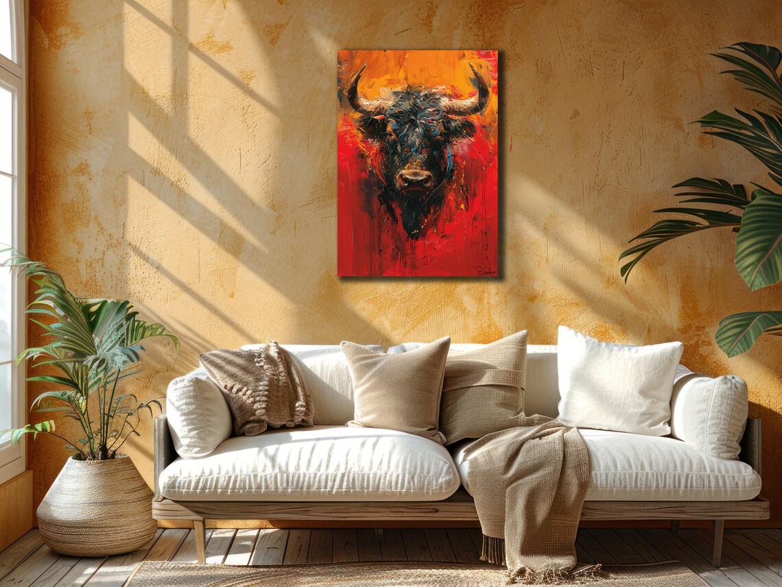 Black Bull Head Abstract Red Painting Fiery Expressionist Bull Poster - Image 3