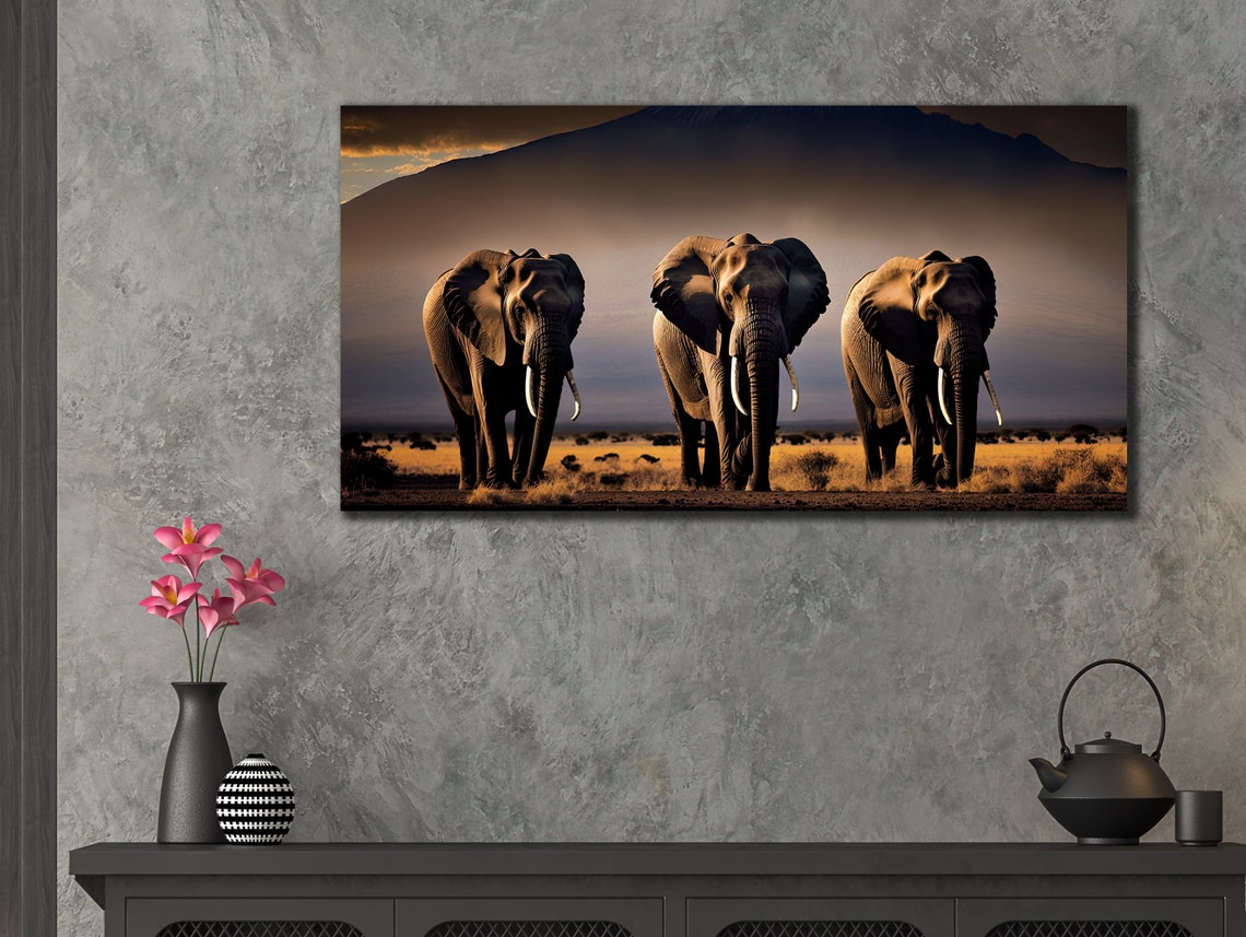 Three Elephants Savanna Mountain Sunset African Wildlife Art Poster - Image 3