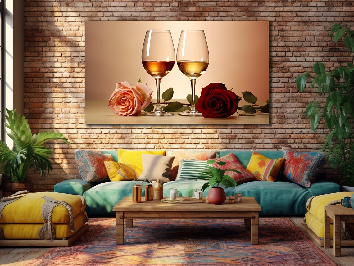Wine Glasses Roses Romantic Still Life Warm Beige Kitchen Bar Art Poster - Image 3
