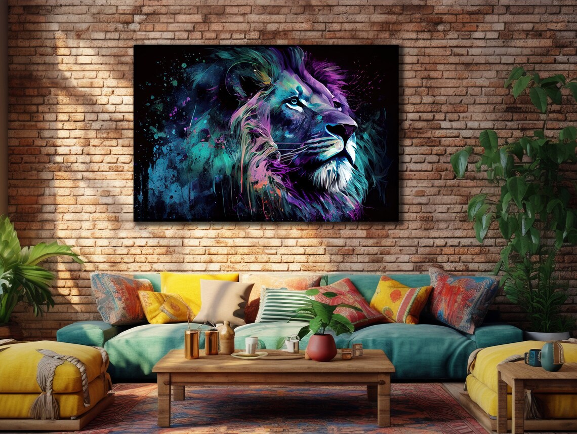 Neon Lion Head Portrait Black Background Colorful Wildlife Art Poster