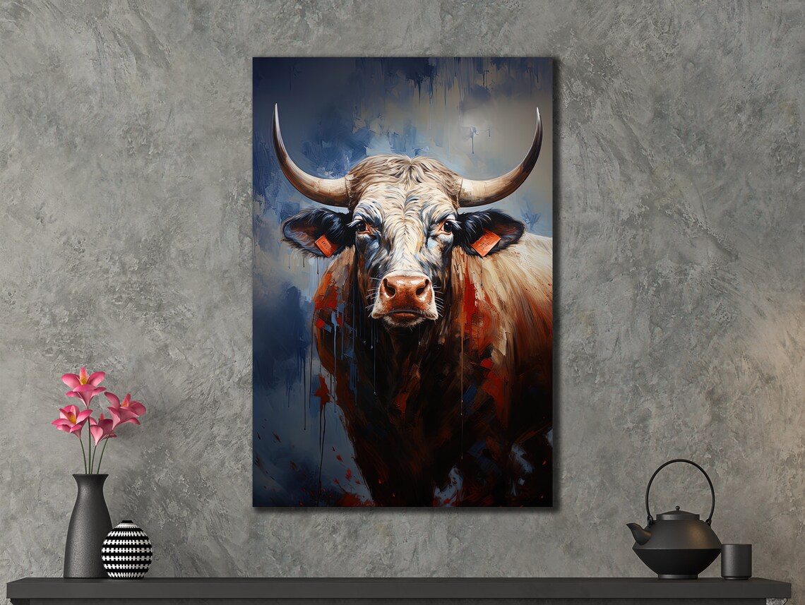 Horned Bull Portrait Abstract Blue Red Cow Farmhouse Art Poster - Image 3