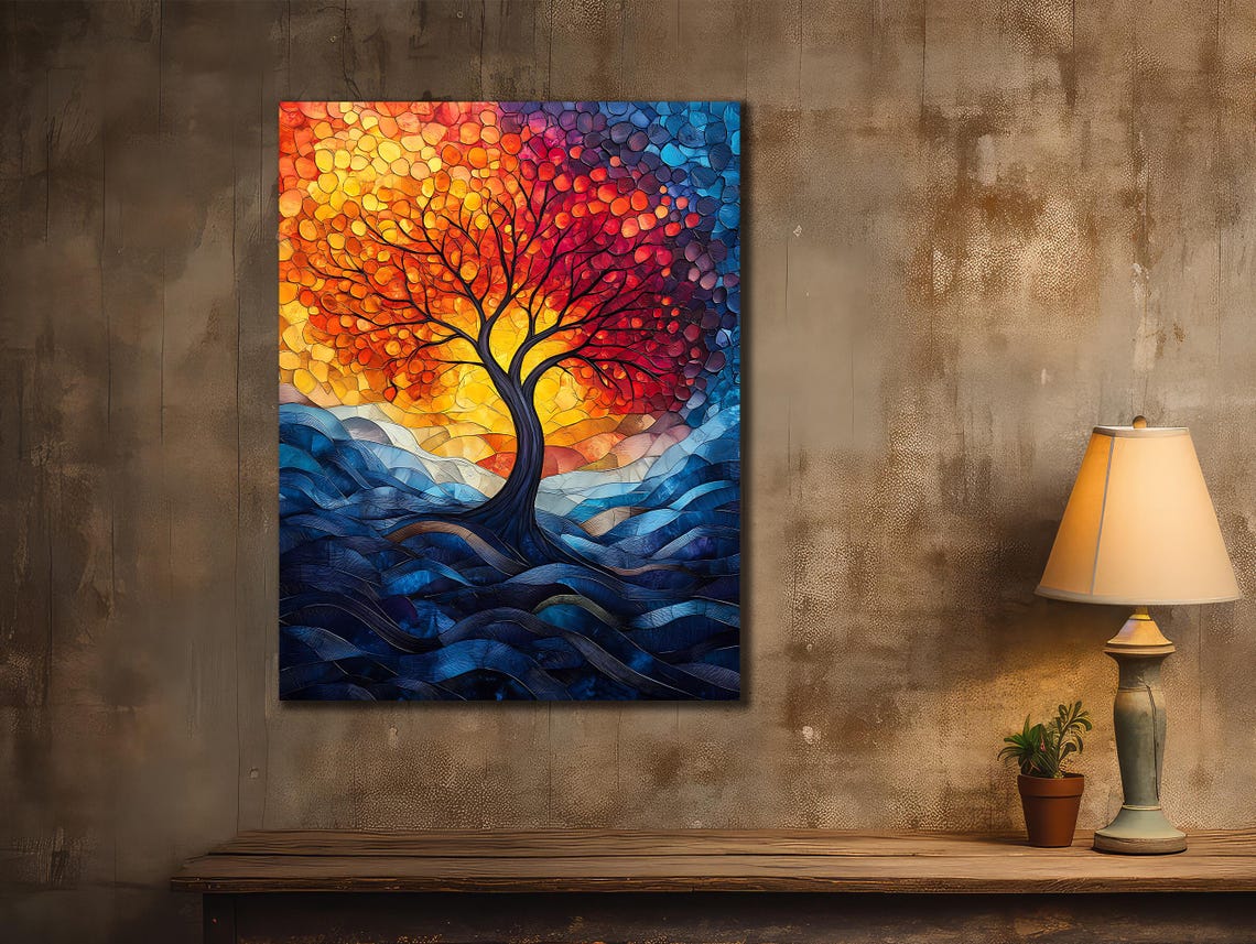 Tree of Life Mosaic Stained Glass Sunset Blue Ocean Waves Art Poster - Image 2