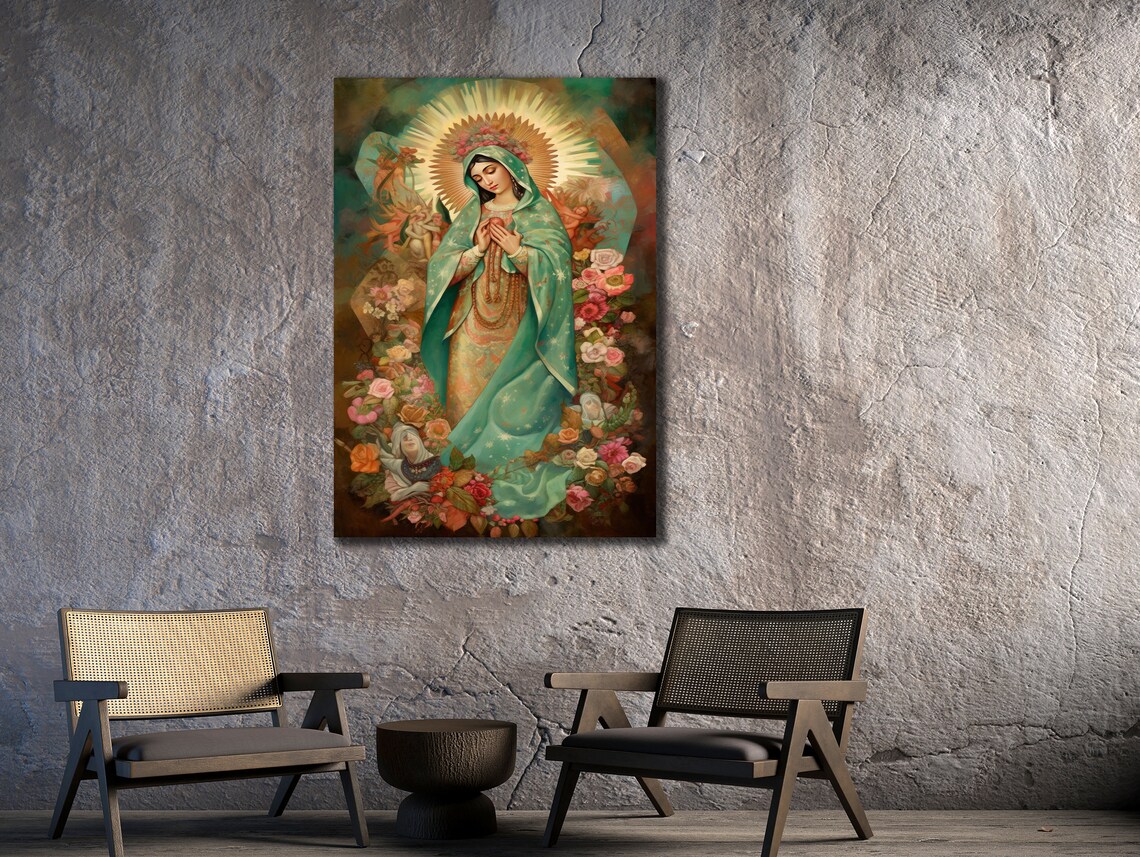 Virgin Of Guadalupe Roses Green Mantle Religious Art Vertical Poster - Image 2