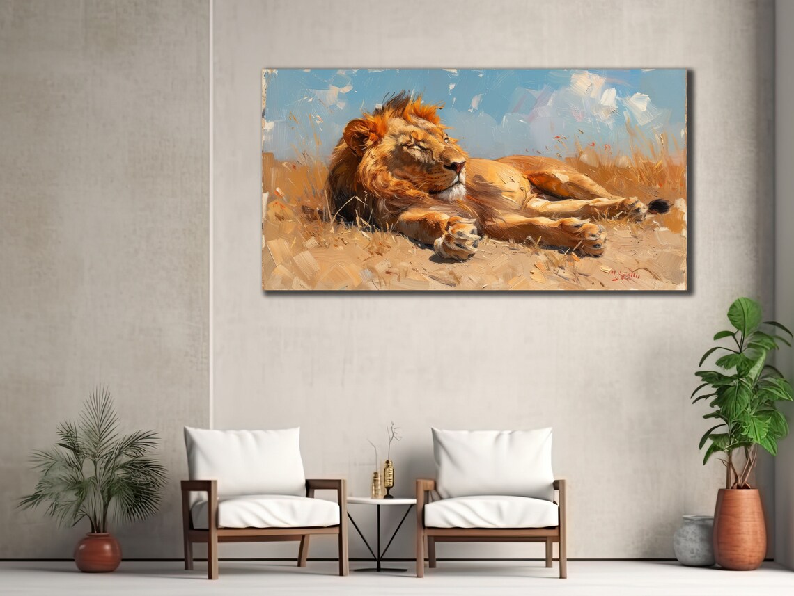 Lion Resting In Golden Savanna Grass Warm Wildlife Oil Painting - Image 3