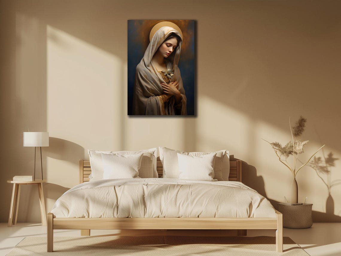 Virgin Mary White Veil Halo Hands Folded Religious Art Poster - Image 3
