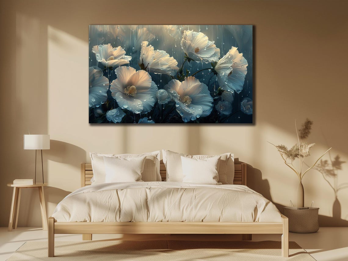 White Poppies Raindrops Dark Blue Night Floral Wall Art Poster