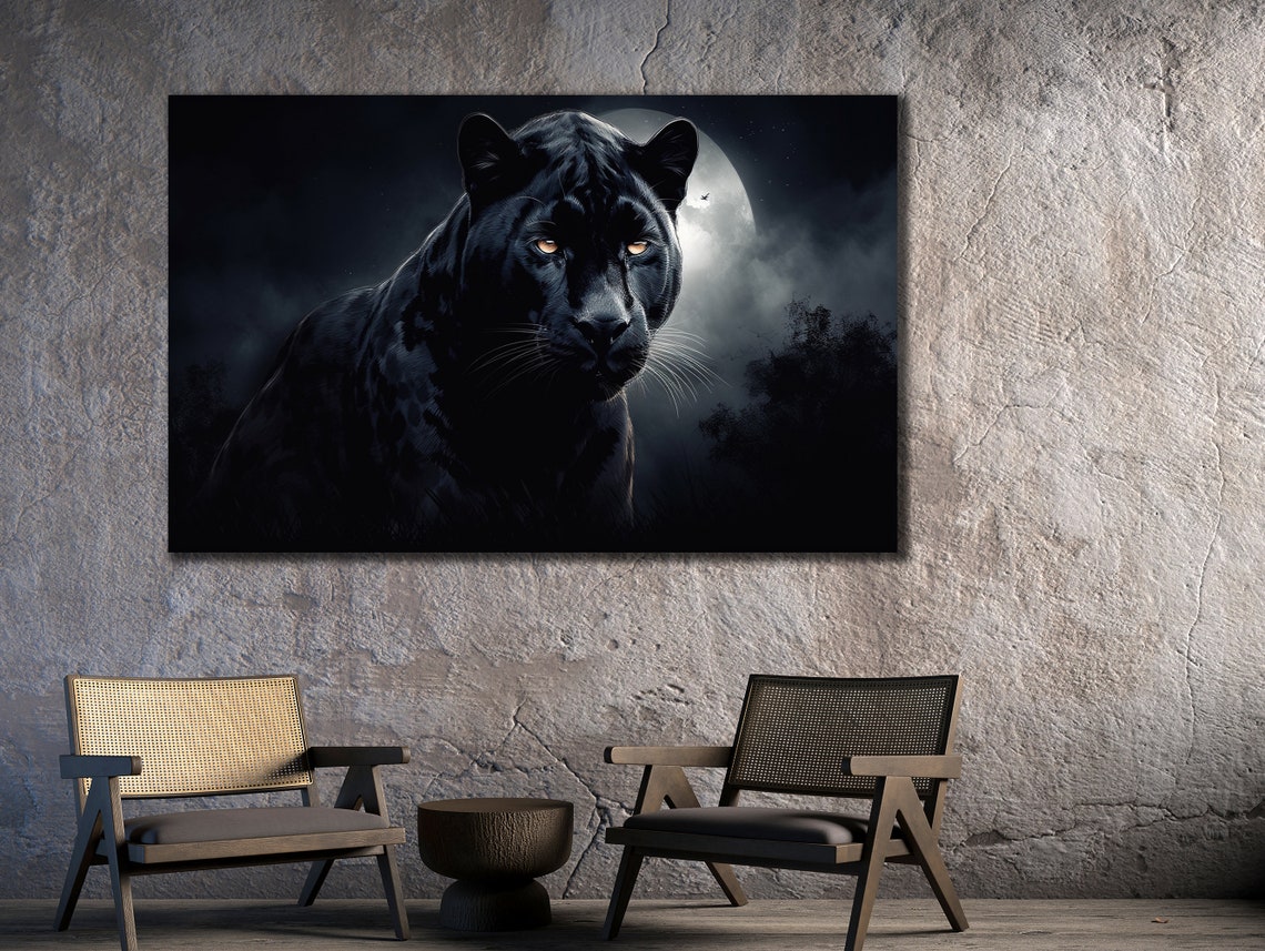 Black Panther with Glowing Eyes under Full Moon Night Poster - Image 2