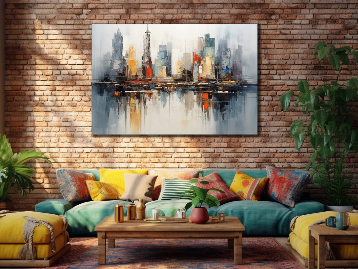 Abstract City Skyline Water Reflection Gray Blue Orange Art Poster - Image 3