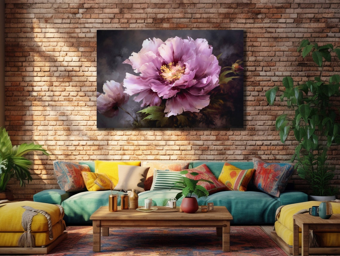 Pink Peony Bloom Close Up Dark Moody Elegant Floral Art Poster - Image 2