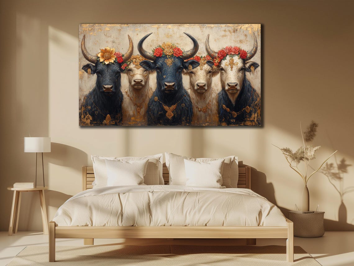 Five Cows Flower Crown Rustic Gold Farm Animal Herd Wall Art Poster