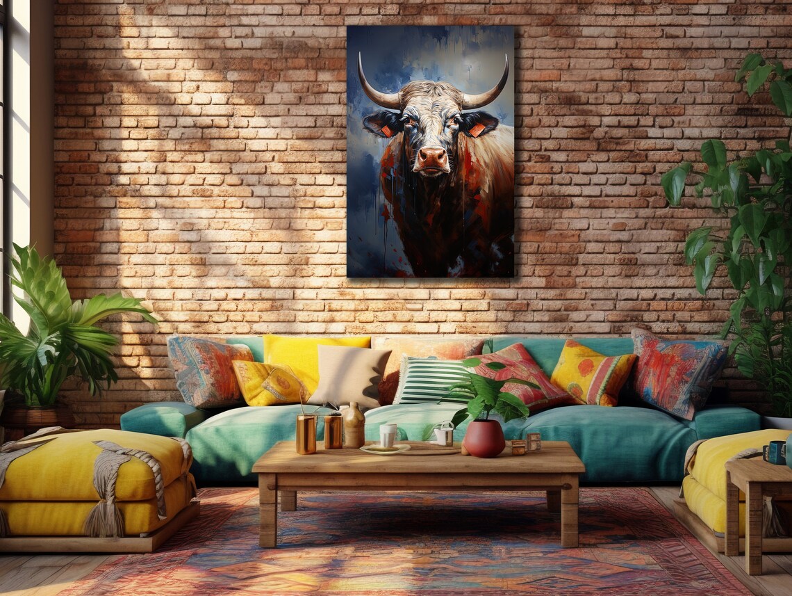 Horned Bull Portrait Abstract Blue Red Cow Farmhouse Art Poster - Image 2