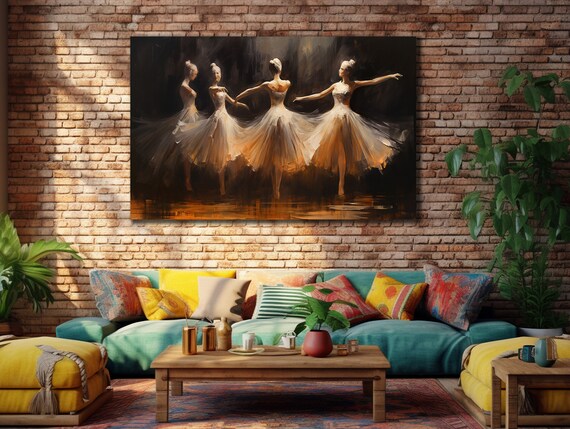 Four Ballerinas Dancing Stage Dark Golden Ballet Wall Art Poster