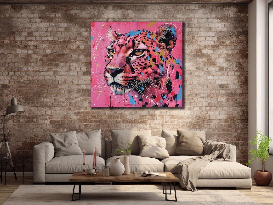 Pink Leopard Face Pop Art Graffiti Paint Splatter Big Cat Wall Art Print Poster - Image 2