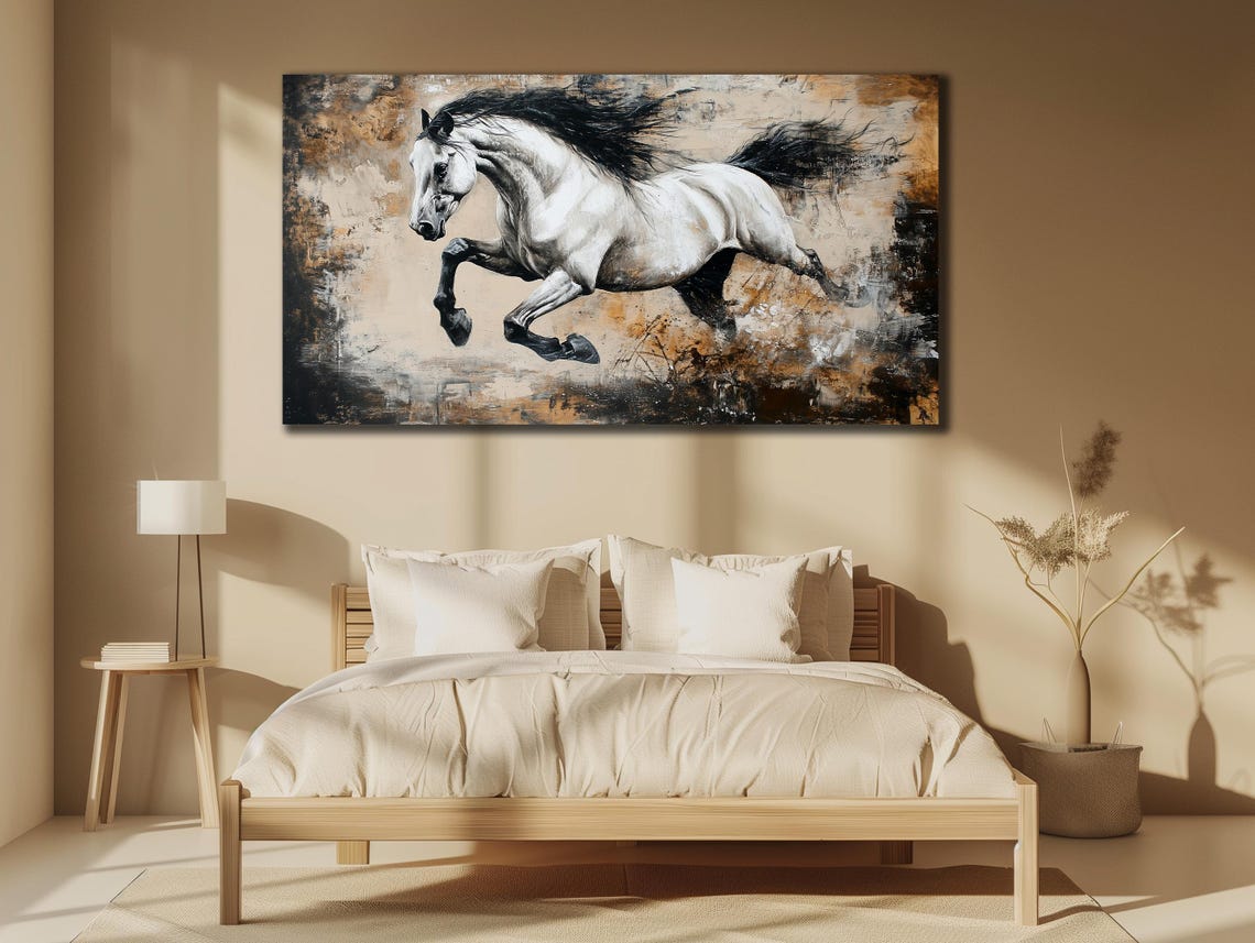 White Horse Galloping Textured Beige Modern Wildlife Art Poster - Image 3
