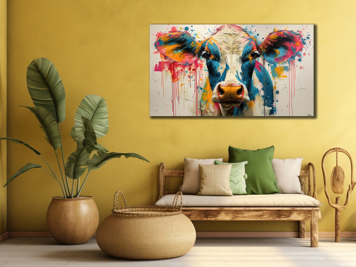Colorful Cow Printing Cow Wall Decor Abstract Animal Wall Art Painting On Colorful Animal Art Farmhouse For Gifts