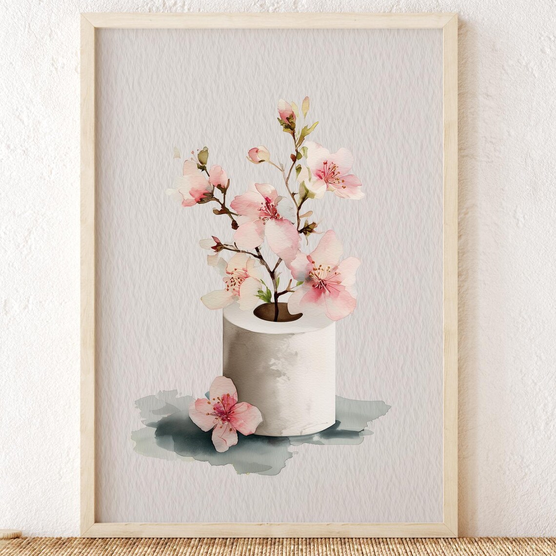 Cherry Blossom Toilet Paper Roll Funny Bathroom Watercolor Poster