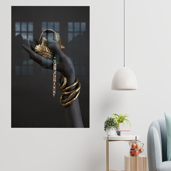 Gold Jewelry Hand Dark Background Luxury Fashion Dramatic Art Poster