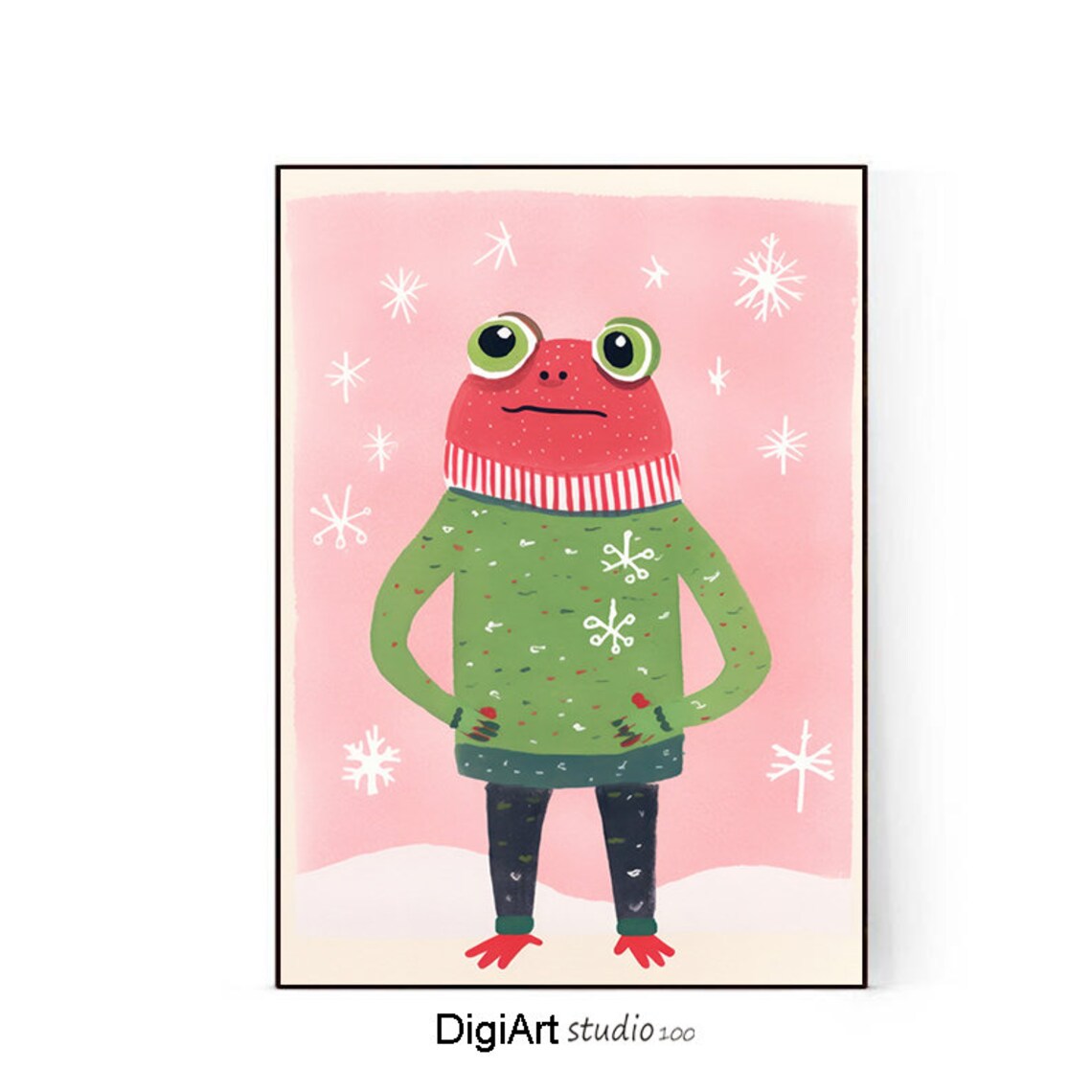 Frog In Winter Sweater Snowflake Pink Cute Christmas Kids Art Poster