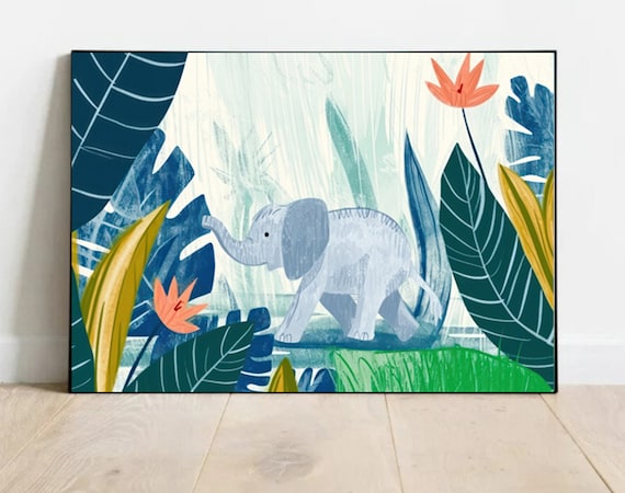 Cute Baby Elephant Jungle Leaves Nursery Illustration Poster