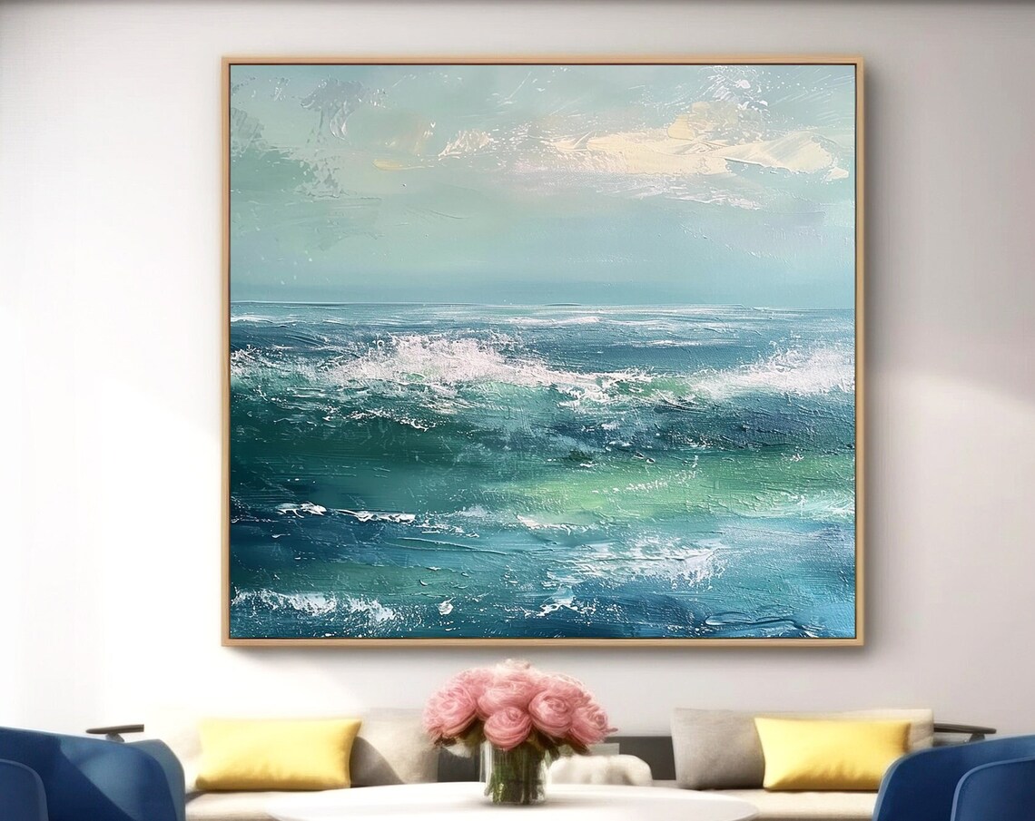 Teal Ocean Waves And Pale Sky Minimalist Modern Seascape Poster