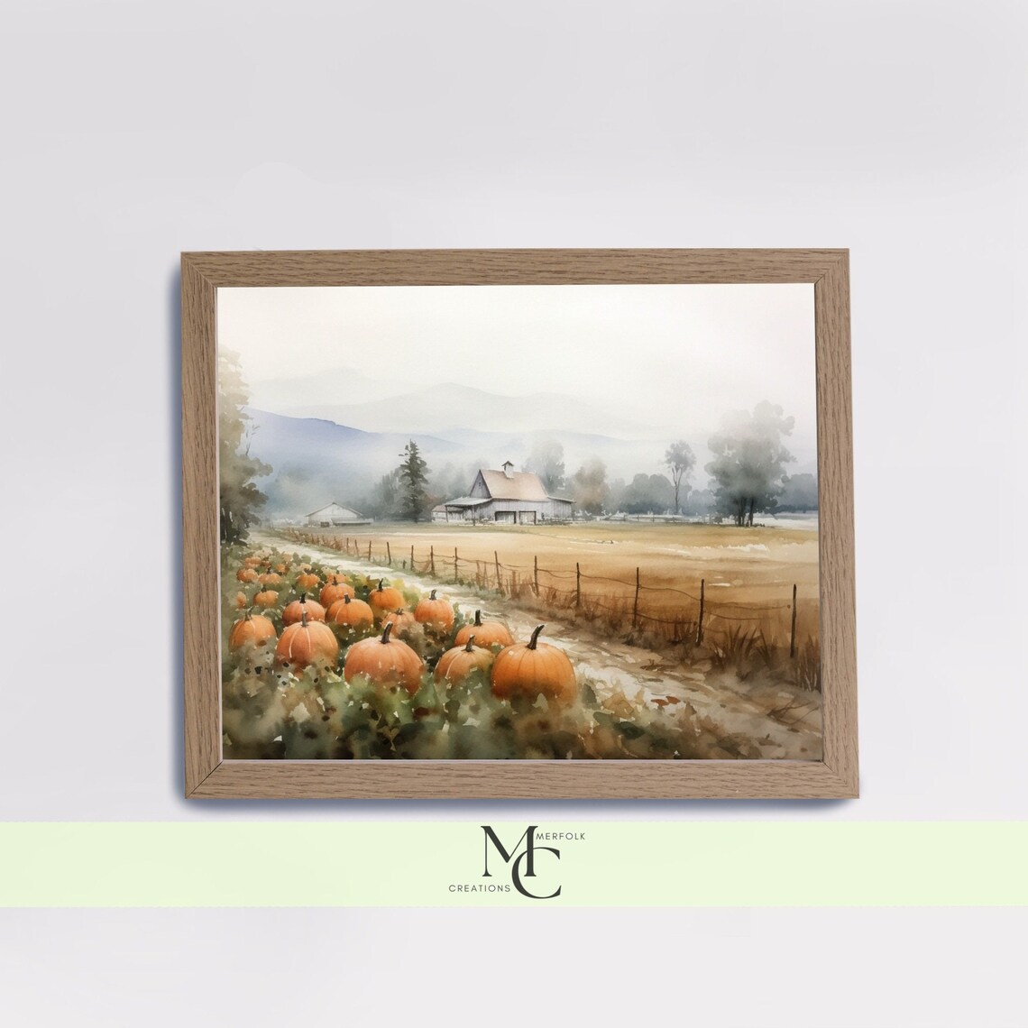 Pumpkin Patch on a Misty Autumn Farm Field Watercolor Landscape Poster - Image 2