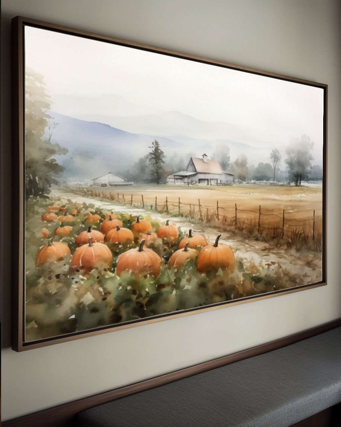 Pumpkin Patch on a Misty Autumn Farm Field Watercolor Landscape Poster - Image 3